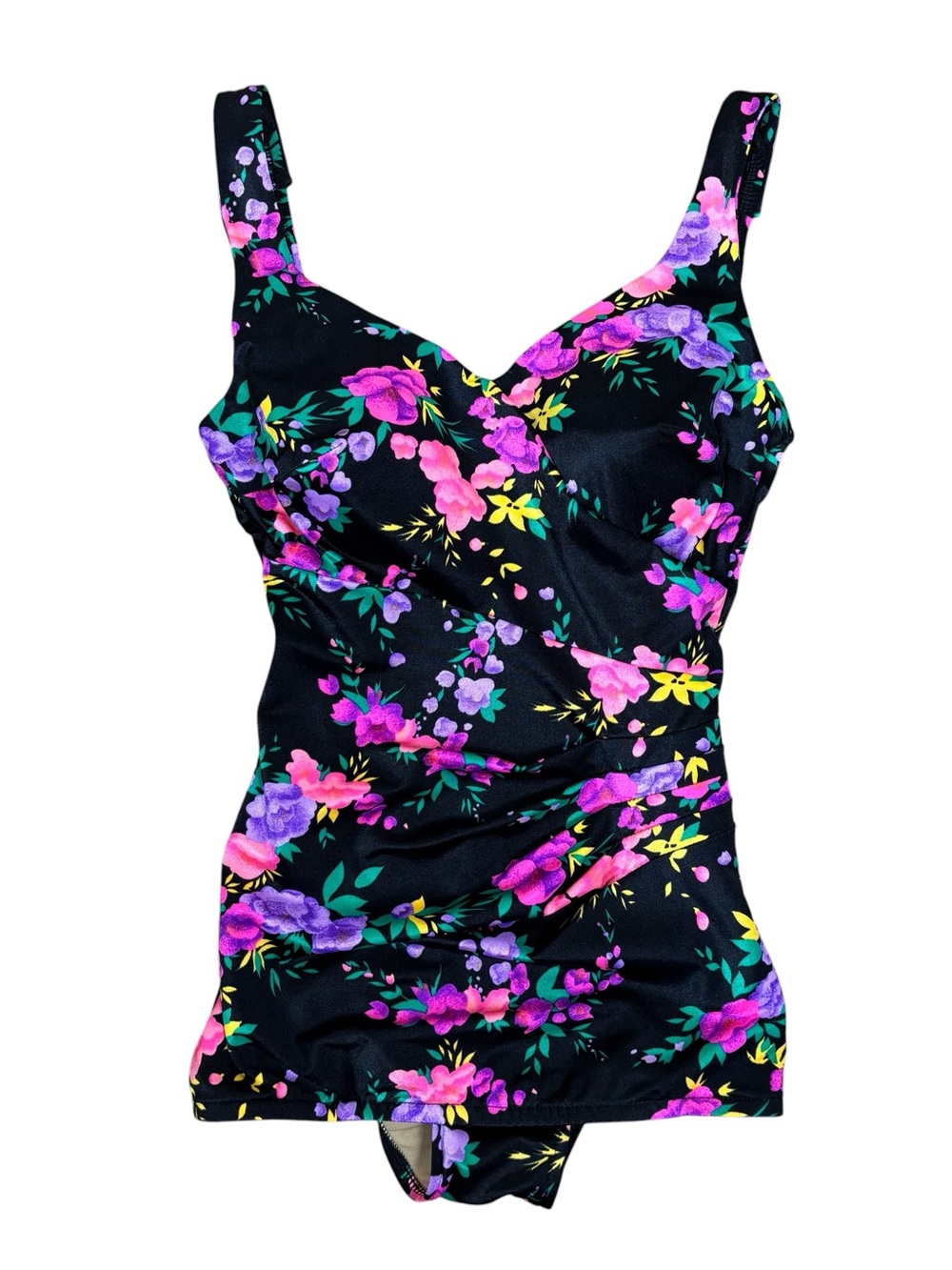 Vintage Maxine of Hollywood Floral One Piece Swimsuit Size 12 Black Made in USA